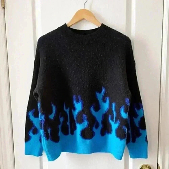 SHEIN Oversized Sweater Crewneck Pullover Flame Print Black Blue Size Small - Picture 4 of 16